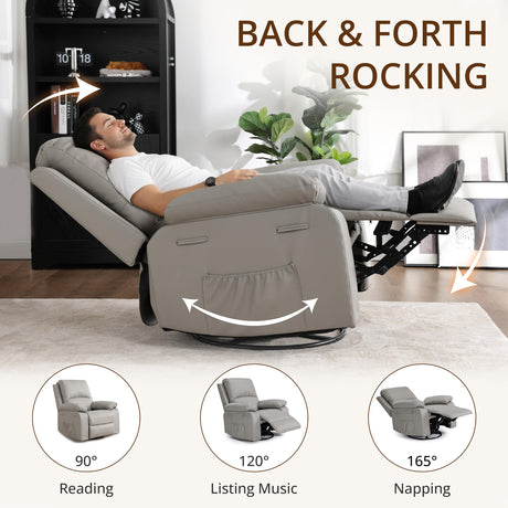 zzlay 360° Swivel Rocking Leather Recliner Chair for Adults, Overstuffed Manual Recliner with Spring Cushion, Glider Rocking Nursery Single Sofa with Side Pockets for Living Room, Beige zzlay