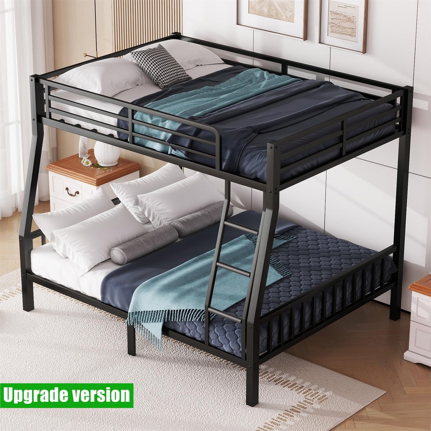 TSAMPA Latest Upgraded & Stronger Heavy Duty Black Metal Bunk Bed Frame Full XL Over Queen Size, Thickened Safer More Stable Bunkbed Bunk Queen Bed (Easier to Assemble) (Full XL Over Queen)