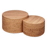 Giofanzo Round Nesting Coffee Table Set of 2 with Storage - Handwoven Wicker Rattan Ottoman Style, Boho Coastal Coffee Tables for Living Room, Rattan Coffee Table with Cushion Base & Solid Wood Cover Giofanzo