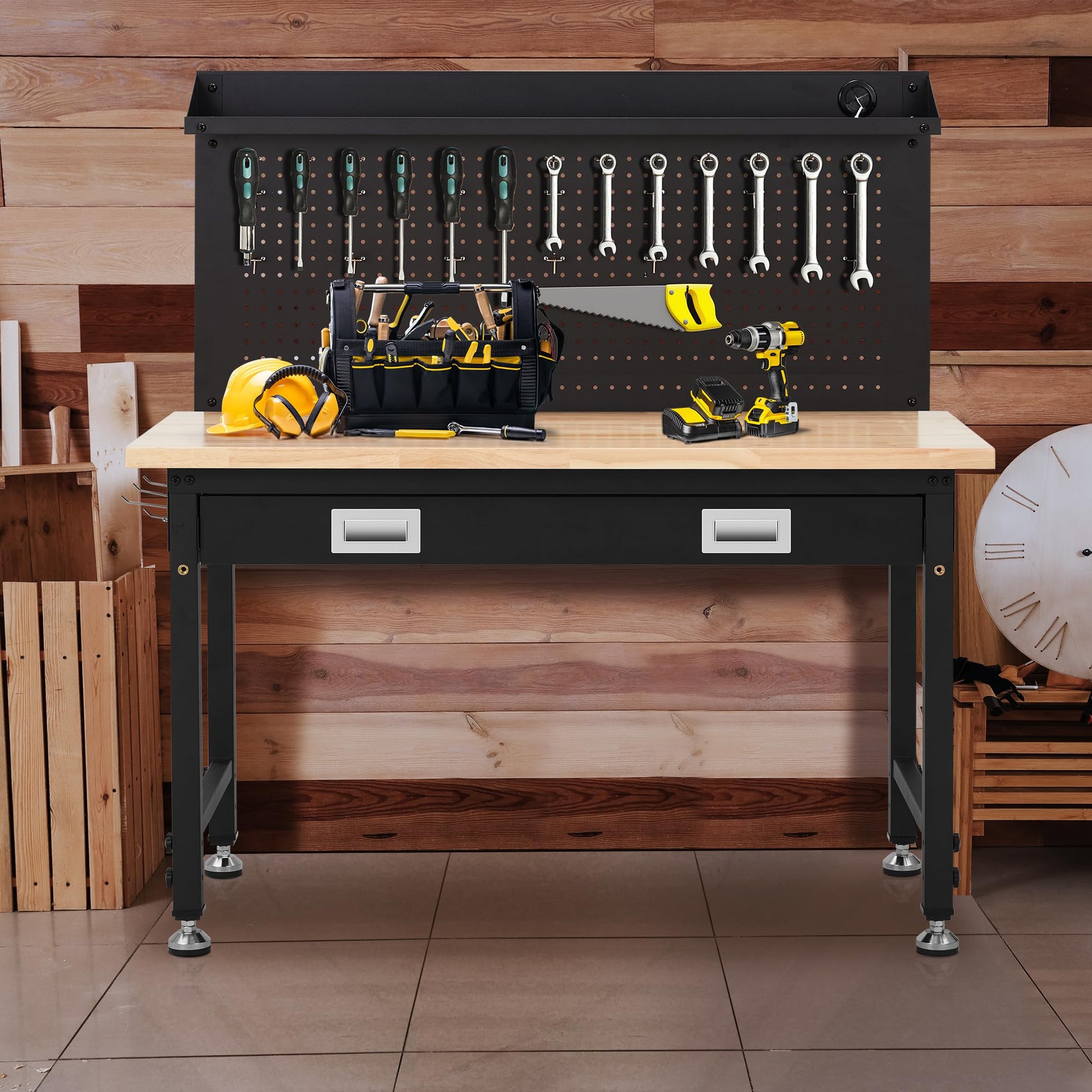 48 Inch Workbench with Storage, Metal Framed Hardwood Table Top Workbench for Garage with Drawers，2000 LBS Weight Capacity 49.5”-61" Adjustable Workbench with Pegboard Work Light 10ft Cable 2 - WoodArtSupply