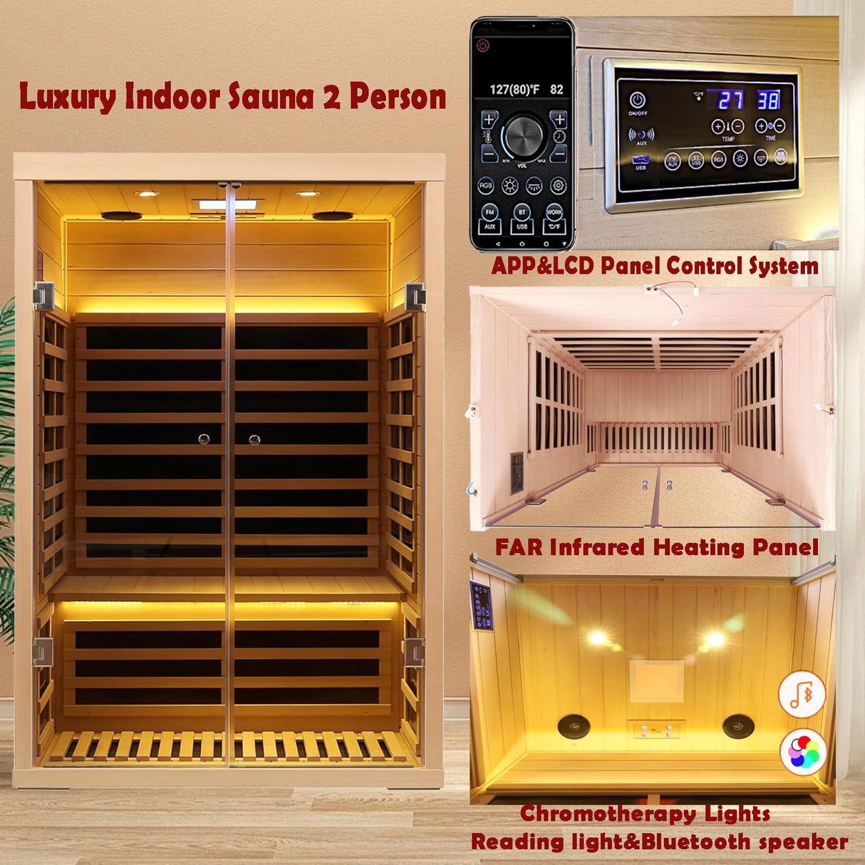 KUNSANA Hemlock 2 Person Low EMF Far Infrared Sauna, Home Indoor Sauna, Luxury Tempered Glass Doors, 1780w, App & LCD Panel Control, Bluetooth Speakers, Chromotherapy Lights, Reading Lights KUNSANA