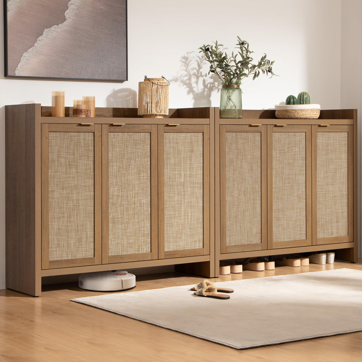 SICOTAS Shoe Storage Cabinet, 30 Pairs Rattan Shoe Cabinet Storage for Entryway, 6-Tier 41" Tall Large Shoe Cabinet, Boho Farmhouse Cabinet with Doors for Entryway Hallway Living Room Closet SICOTAS