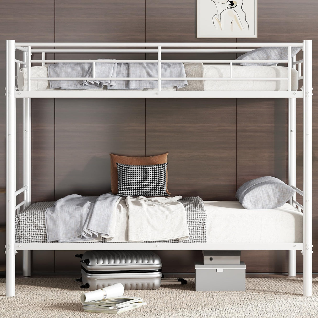 Bellemave Bunk Bed Twin Over Twin, Twin Bunk Beds with High Guardrail and Build in Ladder, Kids Bunk Beds with Slats, No Box Spring Needed, White Bellemave