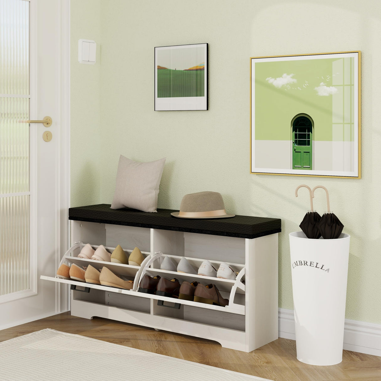 Trironsun White Shoe Storage Bench 2 Flip Drawers Shoe Rack Bench with Padded Seat Cushion Farmhouse Hidden Shoe Bench with Storage Shoe Cabinet 2 Barn Doors for Entryway Bedroom (Antique White) Trironsun