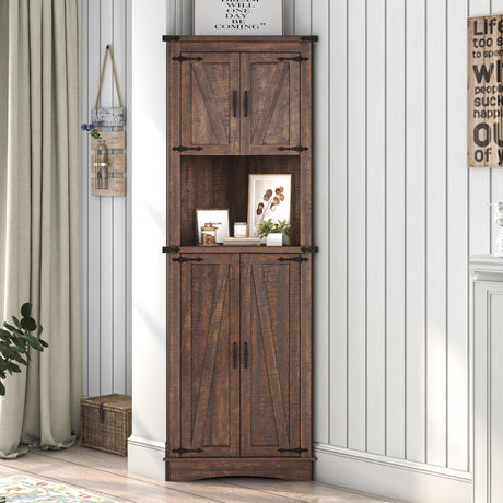 Hlivelood 68" Tall Farmhouse Corner Cabinet, 5-Tier Storage Cabinet with 4 Barn Doors & Adjustable Shelves, Bathroom Cabinet with Storage for Living Room, Kitchen, Bathroom, Brown Hlivelood