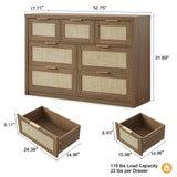 OAKHAM HOME 7 Drawers Dresser, Rattan Dresser TV Stand for Bedroom Closet, Wood Chests of Drawers with Metal Handle and Wide Drawers, 52.76" W x 17.71" D x 31.69" H OAKHAM HOME