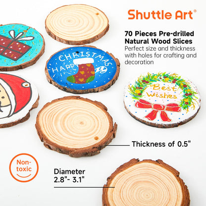 Shuttle Art Natural Wood Slices 70 PCS 2.8-3.1 Inches Craft Wood Ornament Kit, Unfinished Predrilled Wooden Circles with Hole, Jute Twine, Acrylic Paint, Markers for DIY Decoration