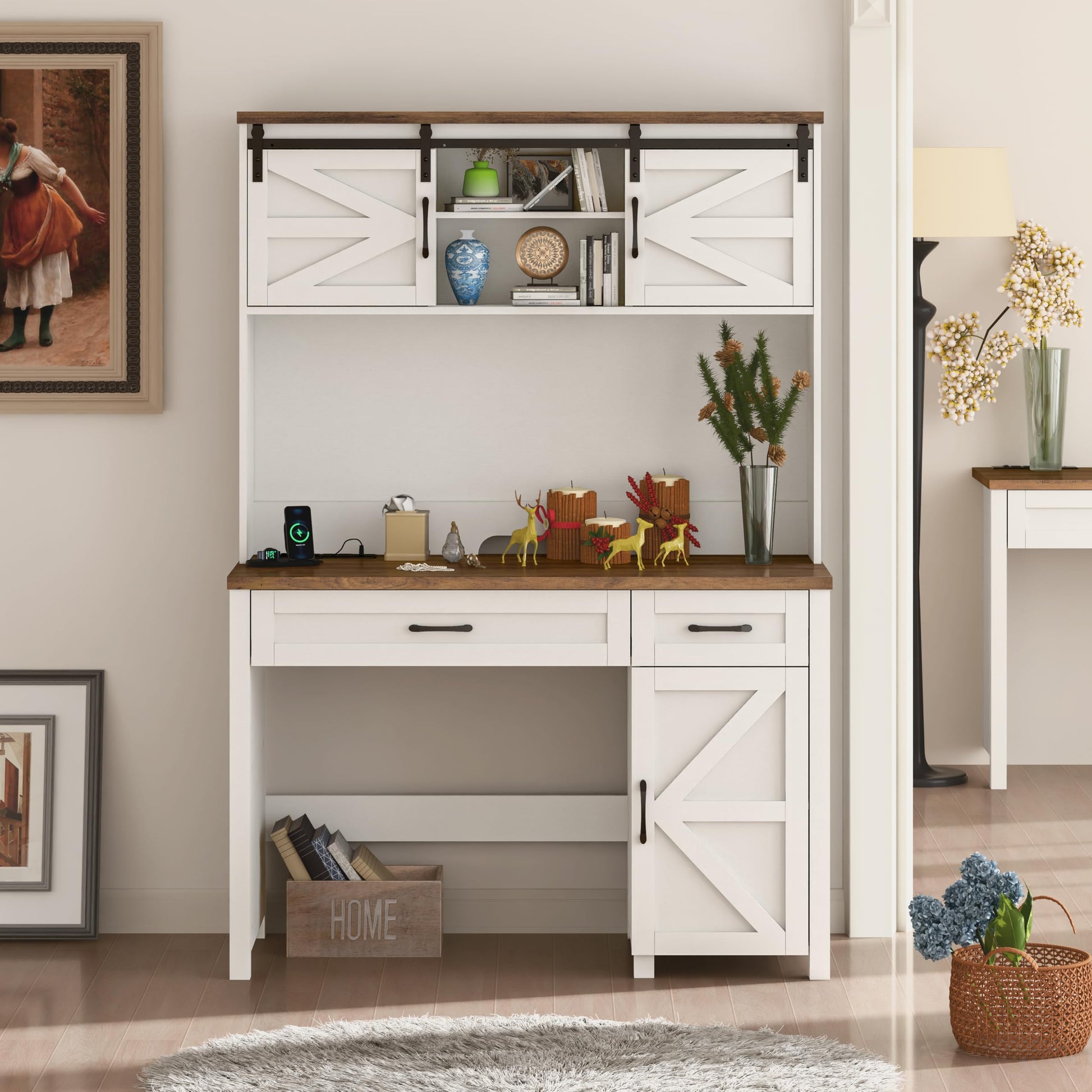 Befrases Farmhouse 47" Executive Desk, White Computer Desk with 2 Drawers and Storage Cabinet, Home Office Desk with Hutch, Charging Hub, Workspace for Work and Study. - WoodArtSupply