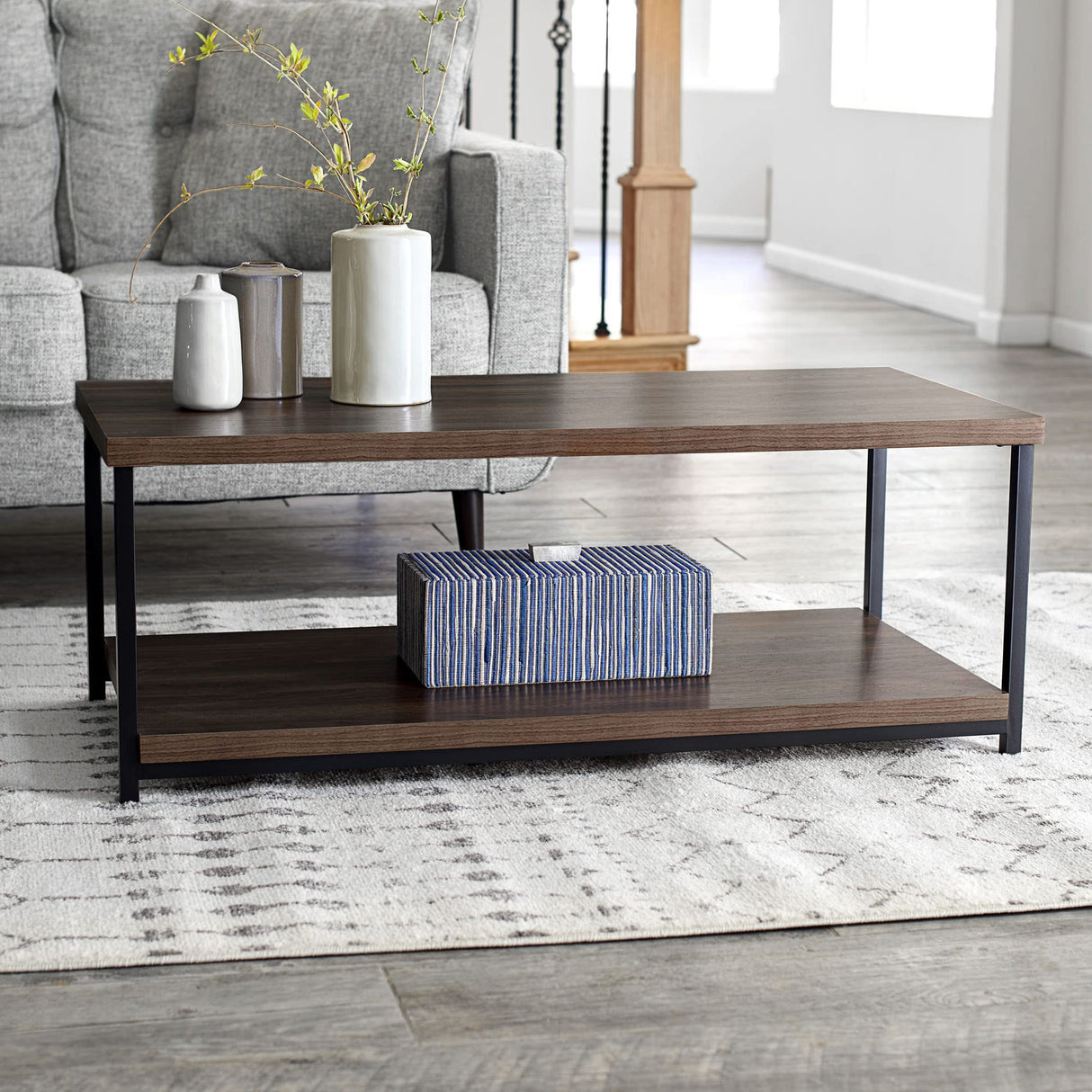 Household Essentials Jamestown Rectangular Coffee Table with Storage Shelf Mid Century Walnut Wood Grain and Black Metal Household Essentials