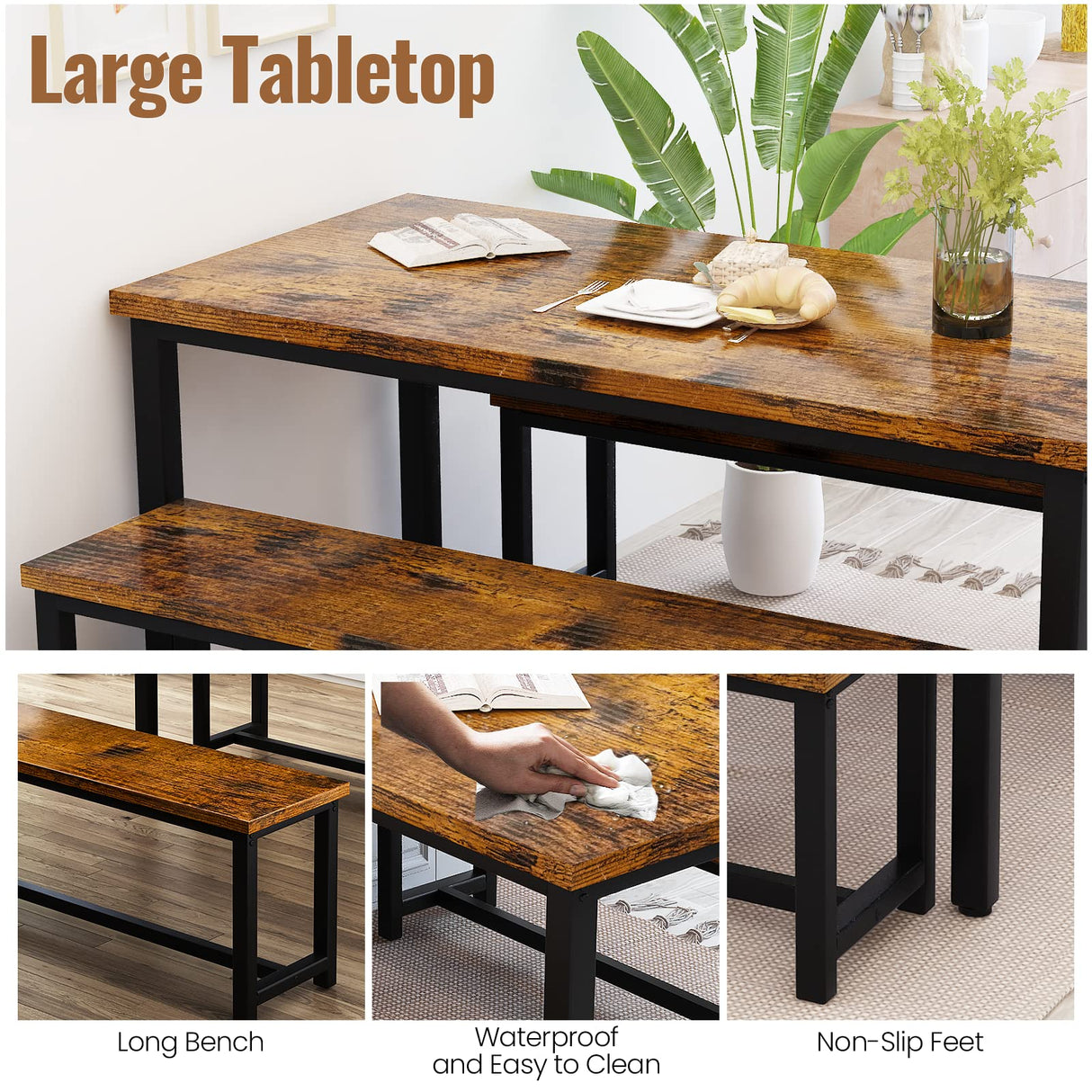 Recaceik Dining Table Set for 4 Kitchen Table Set with 2 Dining Benches, 3 Piece Farmhouse Dining Room Table Set Industrial Breakfast Nook Table Set for Small Space, Apartment, Rustic Brown Recaceik