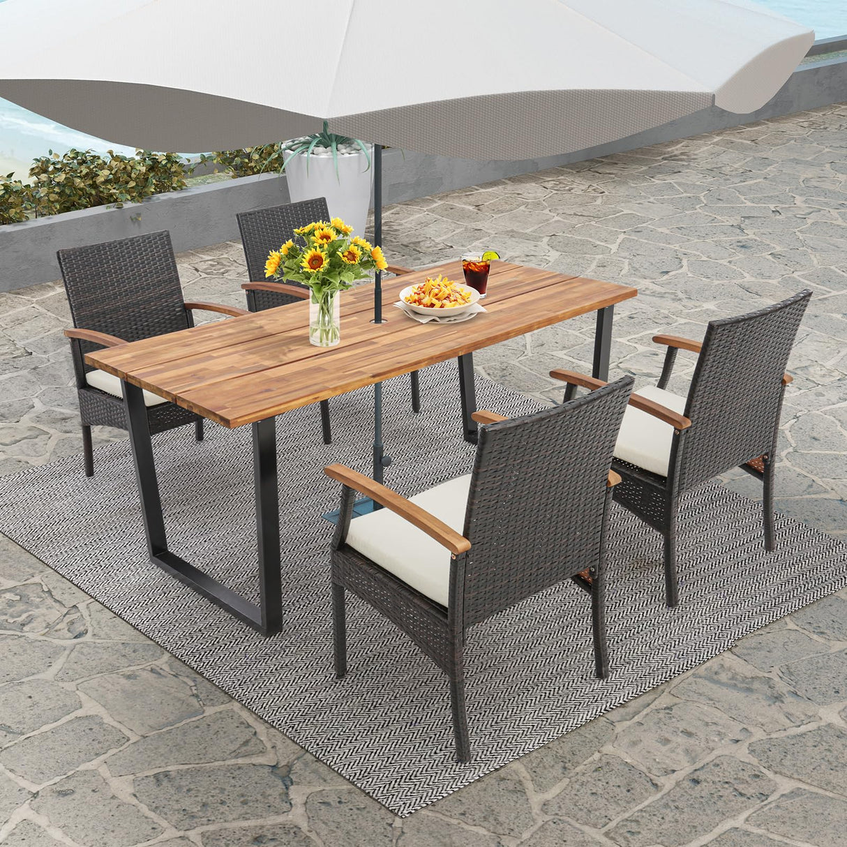 Tangkula Outdoor Dining Set for 4, Weather Resistant Heavy Duty 5 Pieces Patio Acacia Wood Table and Wicker Chairs with Umbrella Hole, Soft Padded Cushions, for Poolside, Backyard, Lawn (5 PCS) Tangkula