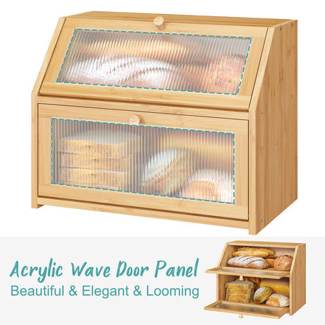 Vriccc Large Bread Box for Kitchen Counter,Bamboo Wood Double Layer Bread Box for Kitchen Counter, Wooden Capacity Bread Storage Bin Vriccc