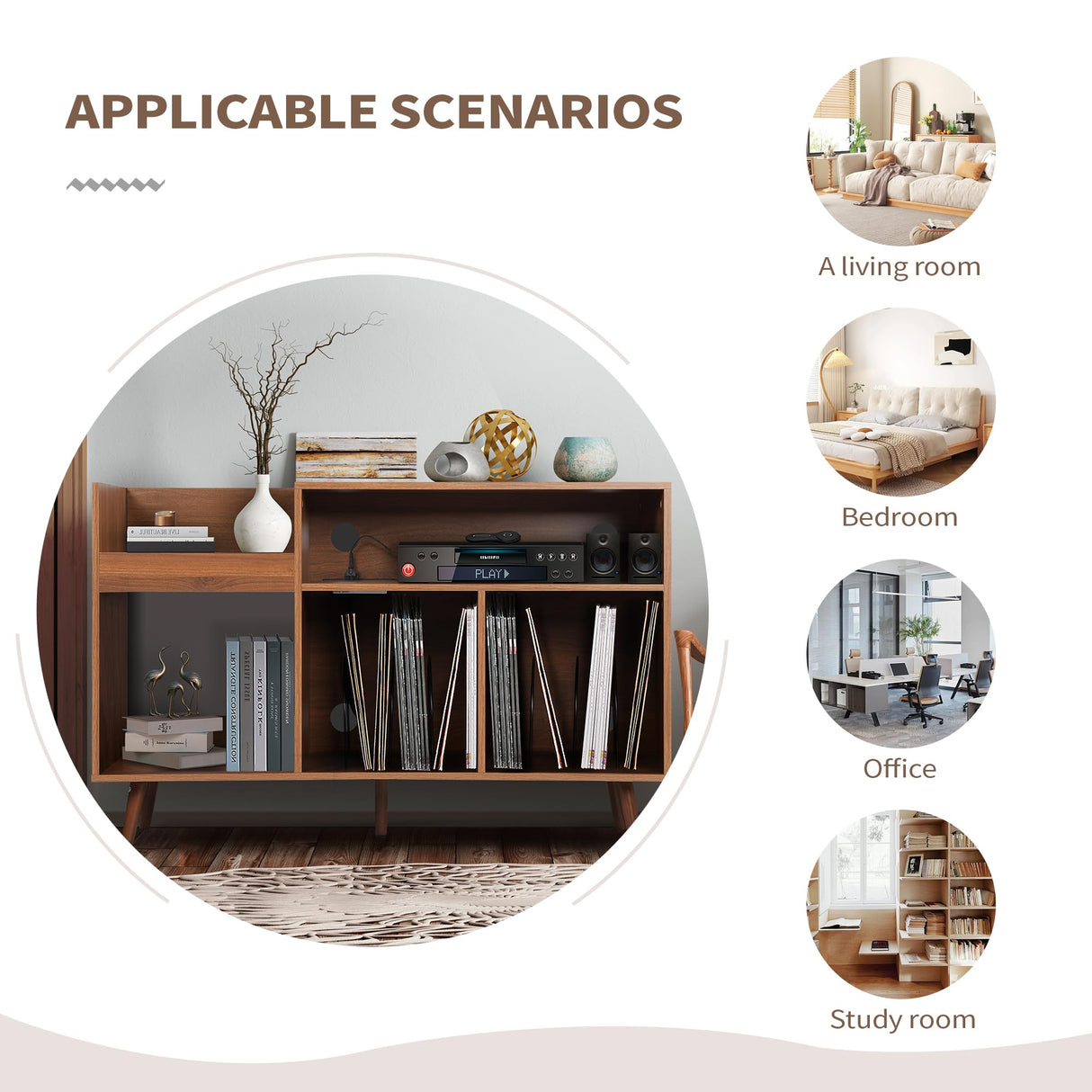 Record Player Stand with Charging Station & USB Ports, Mid-Century Turntable Stand Table Holds Up to 300 Albums, Vinyl Record Storage Cabinet with Wood Legs for Living Room Office (Black) Oubayajia