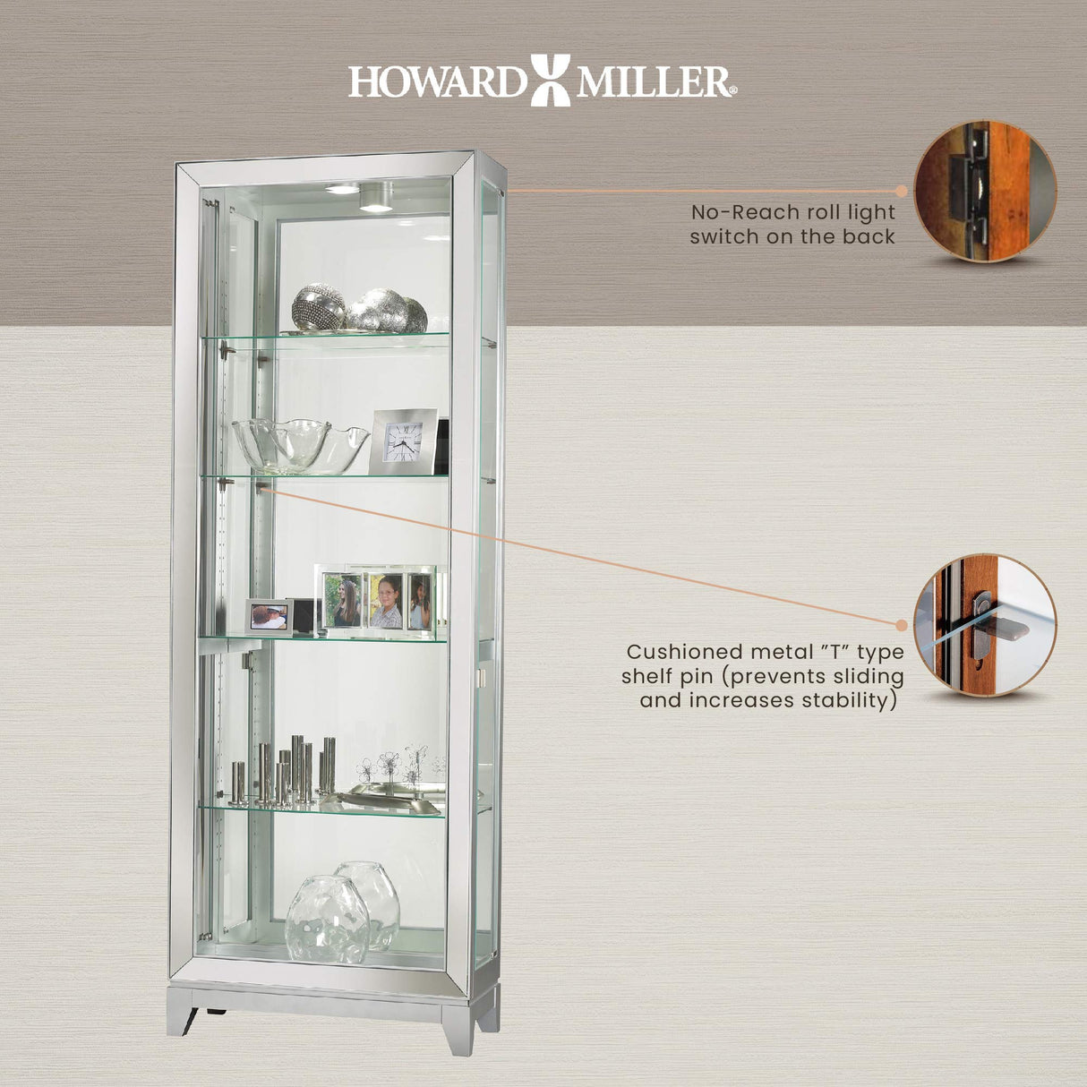 Howard Miller Shayne Curio Cabinet II, Silver Finish - Adjustable Shelf Levelers Perfect for Collectibles, Decorative Items, Office & Living Room with Halogen Light Illuminated Curio Cabinets Howard Miller