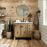 Circle Wood Mirrors for Wall, Wavy Round Bathroom Scalloped Mirror Wooden Frame 24 Inch for Living Room Farmhouse Bedroom Hallway Entryway Living Room with Shatterproof Glass Wall Mounted FGU