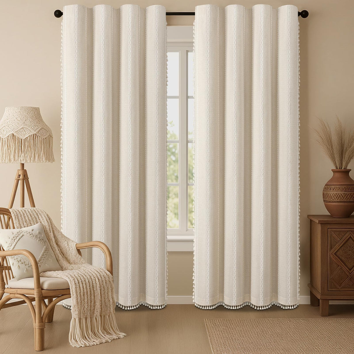 XOGUIBO Boho Blackout Curtains 2 Panels 84 Inch for Living Room Bedroom, Beige Linen Texture Farmhouse Curtains with Tassels and Cotton Embroidery Vintage Rustic Western Rod Pocket XOGUIBO