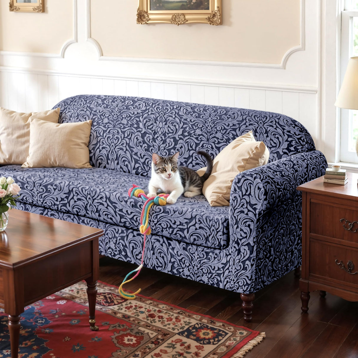 SUBRTEX 2 Piece Couch Covers, Jacquard Damask 3 Seater Sofa Cover with Seat Cushion, Stretch Sofa Slipcovers Non Slip Furniture Protector for Dogs Pets (Large, Grey) SUBRTEX