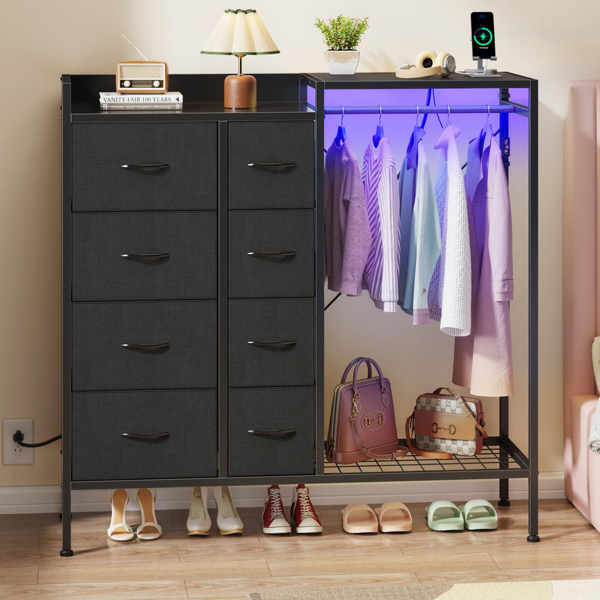 HIGDBFE 8-Drawer Dresser with Hanging Rack, Bedroom Dresser with Charging Station & LED Lights, Kids Dressers with Shoe Rack for Clothes Storage, Chest of Drawers for Bedroom, Closet, Black HIGDBFE