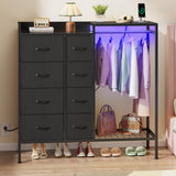 HIGDBFE 8-Drawer Dresser with Hanging Rack, Bedroom Dresser with Charging Station & LED Lights, Kids Dressers with Shoe Rack for Clothes Storage, Chest of Drawers for Bedroom, Closet, Black HIGDBFE