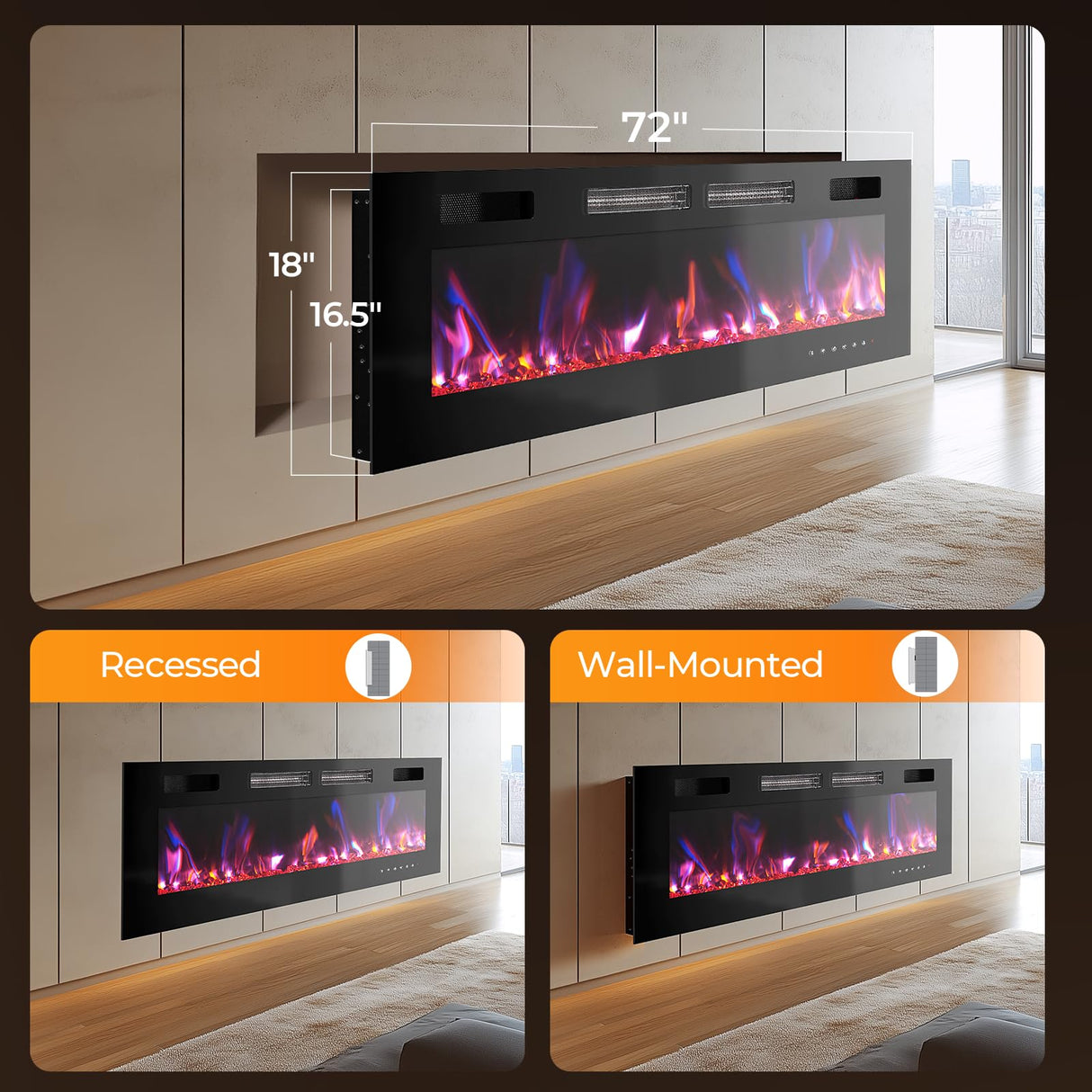 72” Electric Fireplace, Ultra-Thin Wall Mounted Electric Fireplace, Electric Fireplace Insert Heater, 750/1500W Recessed Fire Place with Adjustable Flame Color, Touch Screen and Remote Control LuxaDomus