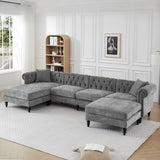 U Shaped Chesterfield Sofa, Oversized Sectional Linen Couch, Chaise Ottoman Sofa Upholstered Accent Tufted Couch with Rolled Armrest and Nailhead Design for Living Room, Office - Grey ORRD