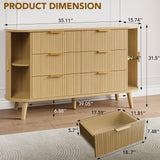Decofy Fluted 6 Drawers Dresser, 55'' Wide Mid Century Modern Chest of Drawers with Sliding Door & Metal Handles, Curved Profile & Sturdy Legs, Wood TV Stand for Bedroom, Living Room (Natural Oak) Decofy
