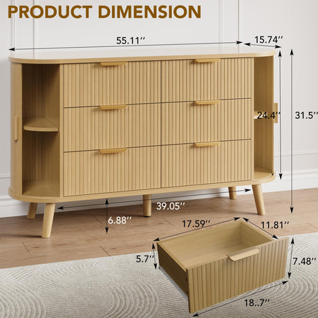 Decofy Fluted 6 Drawers Dresser, 55'' Wide Mid Century Modern Chest of Drawers with Sliding Door & Metal Handles, Curved Profile & Sturdy Legs, Wood TV Stand for Bedroom, Living Room (Natural Oak) Decofy