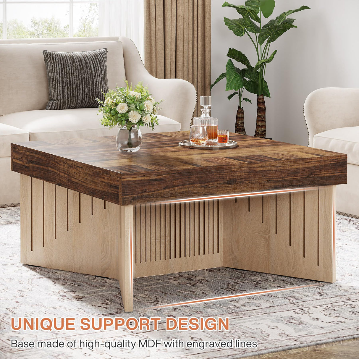 Tribesigns 35.4" Coffee Table, Square Wood Coffee Table, Farmhouse Coffee Table Center with Engraved Lines Design, Coffee Table for Living Room Tribesigns
