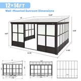 Domi 12x14FT All Season Sunroom, Outdoor Permanent Wall Mounted Solarium with Detachable Polycarbonate Windows, Aluminum Lean to Gazebo Sun Room with 2 Lockable Sliding Doors for Garden Patio Deck domi outdoor living