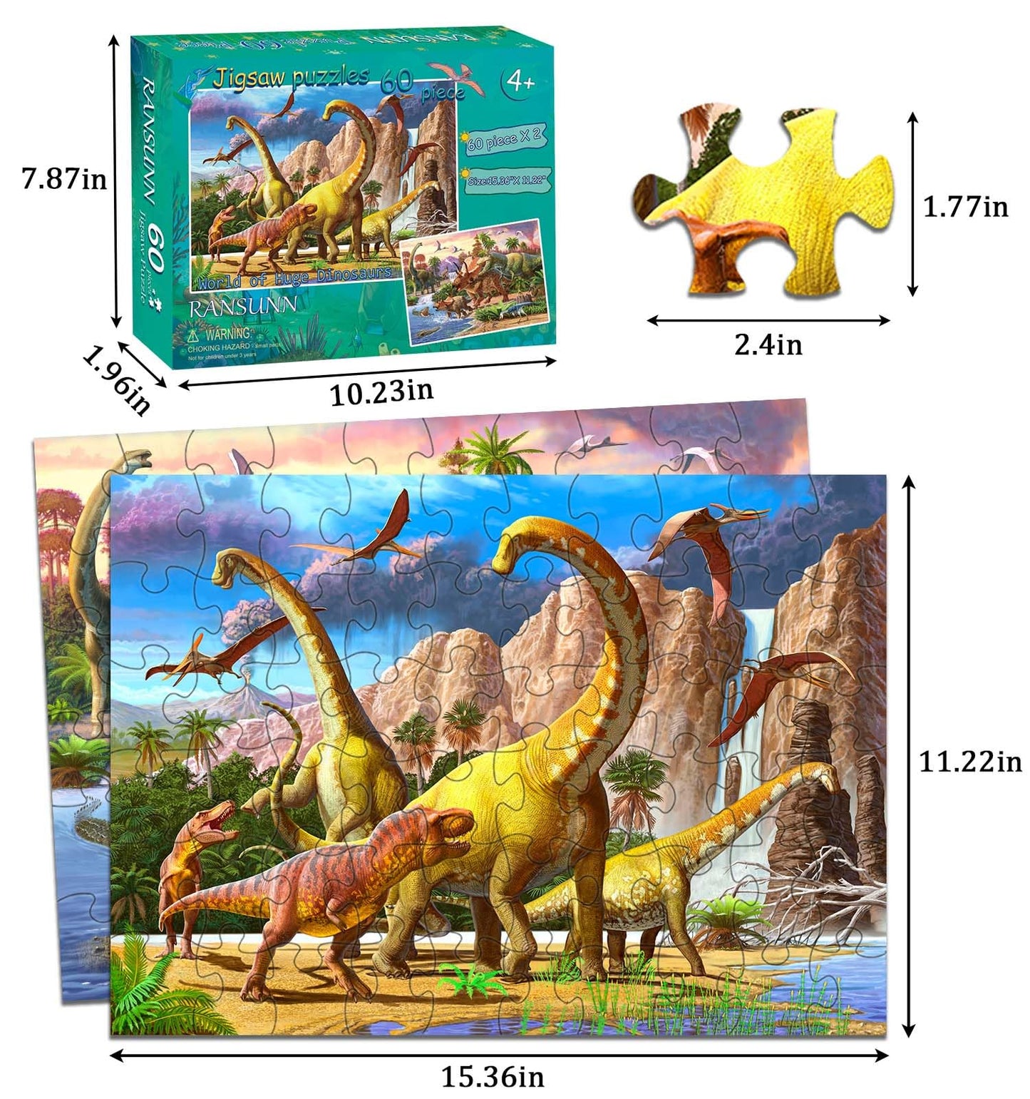 Dinosaur Puzzles for Kids Ages 4-8 Year Old - World of Huge Dinosaurs,2 Packs 60 Pieces Jigsaw Puzzle for Toddler Children Learning Educational Puzzles Toys for Boys and Girls.