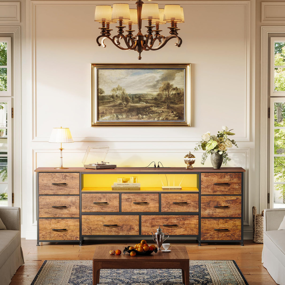 Huuger 63 Inch TV Stand for 65, 70 Inch TV, 11 Drawer Long Dresser with Power Outlets and LED Lights, Entertainment Center with Storage, Rustic Brown Dresser with PU Leather Surface Huuger