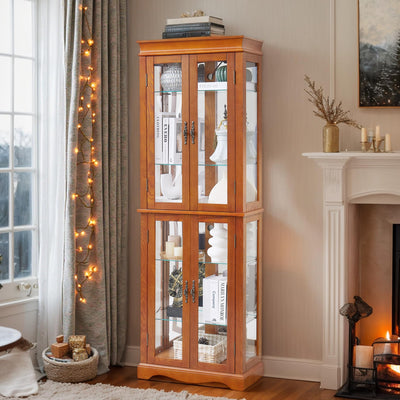 Eyisean Lighted Glass Display Cabinet, 71" Curio Cabinet with Adjustable Glass Shelves Vintage, Light Bulb Included, Curio Storage Cabinet with 6 Shelves for Living Room (Oak)