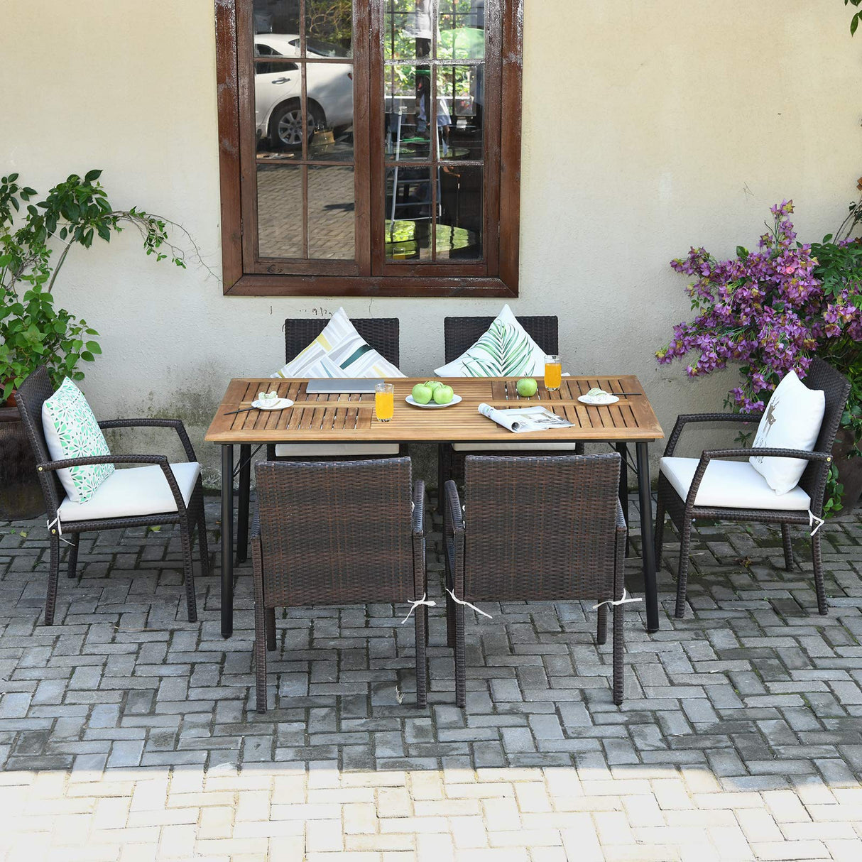 Tangkula 7 Pieces Patio Dining Set, Acacia Wood Wicker Dining Furniture Set with Sturdy Steel Frame & Umbrella Hole, Outdoor Dining Table Chair Set with Removable Cushions for Backyard, Garden Tangkula