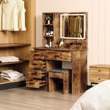 Makeup Vanity Desk,Makeup Desk with Mirror Light,Large Vanity Desk with Storage Shelf & 5 Drawers,Industrial Style Vanity Table with Chair,Bedroom Dressing Table with Mirror Retro Brown and Gold HEVIRGO