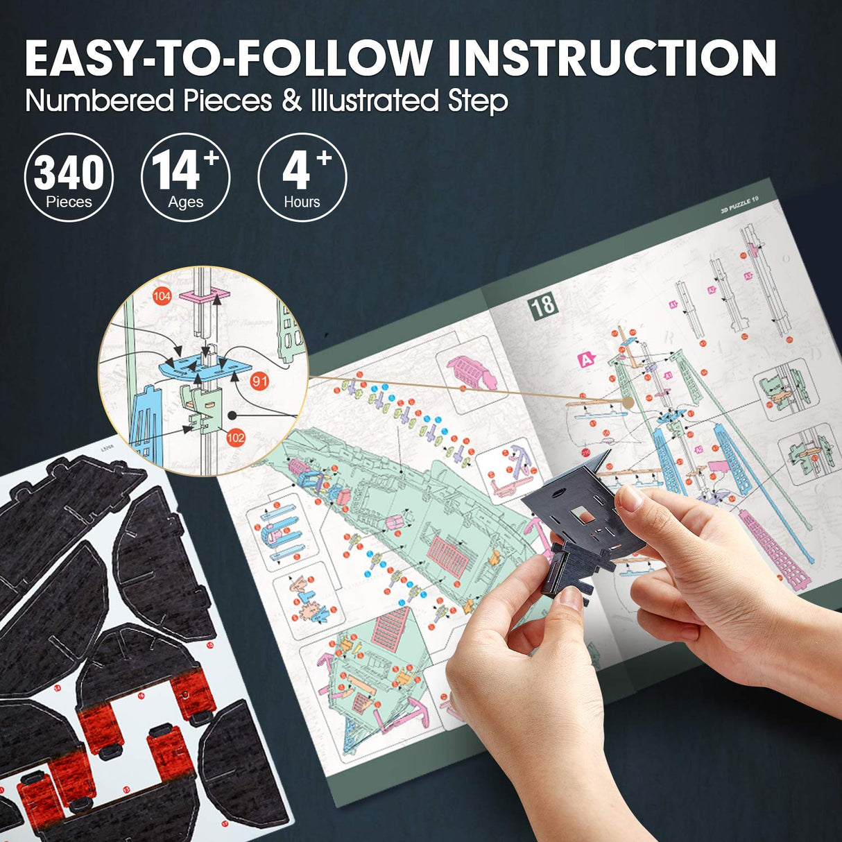 3D Puzzles for Adults Home Decor Pirate Ship Gifts for Men Women Model Kits Brain Teaser Puzzles for Adults Teacher Gifts,Queen Anne's Revenge 340 Pcs CubicFun