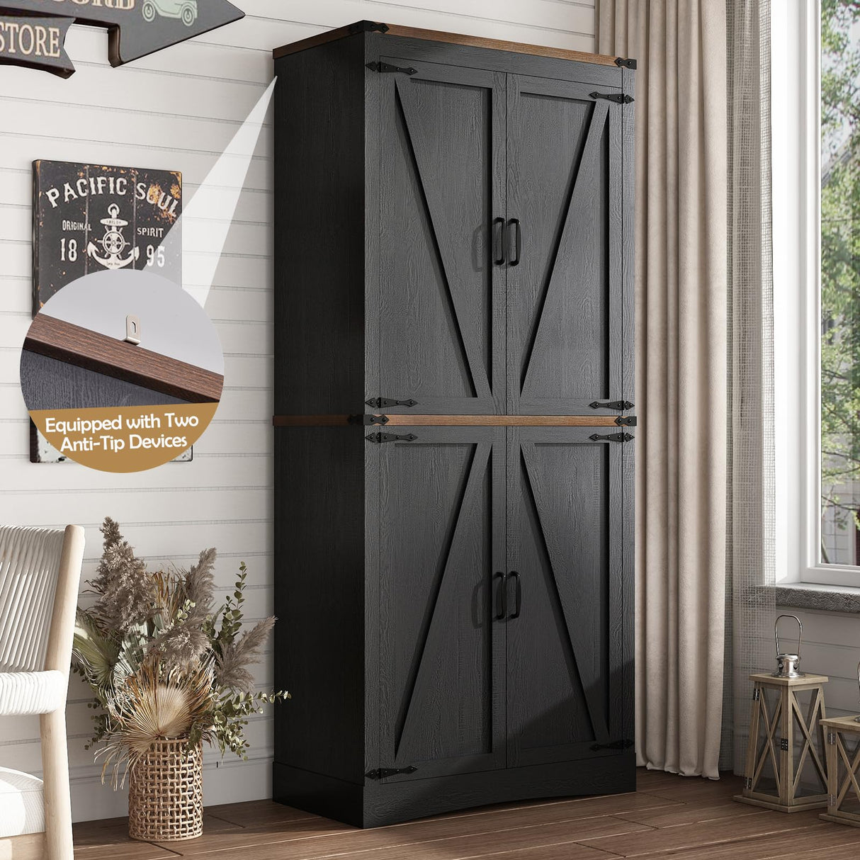 71in Farmhouse Kitchen Pantry Cabinet,Tall Storage Cabinet with 4 Doors and Adjustable shelves,with Load-Bearing Steel Pipe,Wood Storage Cabinets for Kitchen,Dining Room,Bathroom(Black) chartustriable