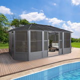 EROMMY 12' x 18' Sunroom, Solarium Gazebo with Aluminum Frame and Polycarbonate Roof, Outdoor Permanent Sun Room with Moveable PVC Screen and Sliding Door for Garden, Patio, Deck, Lawns EROMMY