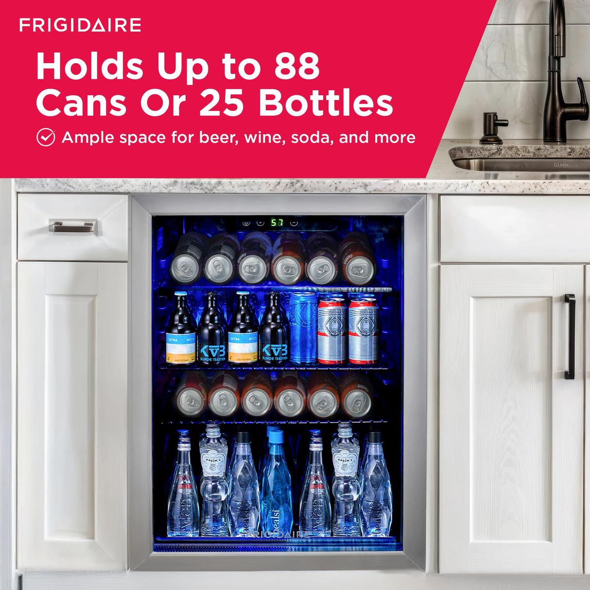 Frigidaire EFMIS9O00, Beverage Fridge Refrigerator with Glass Door, Compact Mini Fridge with Digital Temperature Control Fits 88 Cans or 25 Bottles, 74L Capacity - 19.29" D x 25" W x 17.51" H, Silver Frigidaire