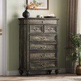 IDEALHOUSE Farmhouse Tall Dresser for Bedroom with 7 Drawers, 50" Tall Large Wood Chest of Drawers with Jewelry Storage for Bedroom, Living Room, Hallway, Dark Oak IDEALHOUSE