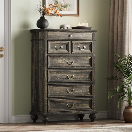 IDEALHOUSE Farmhouse Tall Dresser for Bedroom with 7 Drawers, 50" Tall Large Wood Chest of Drawers with Jewelry Storage for Bedroom, Living Room, Hallway, Dark Oak IDEALHOUSE