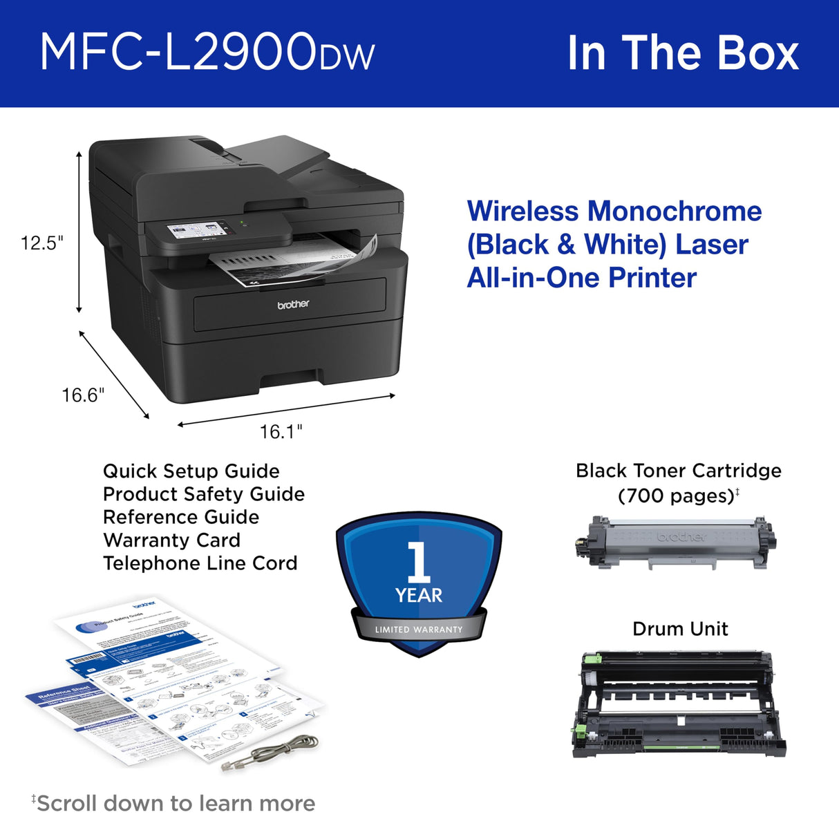 Brother MFC-L2900DW Wireless Compact Monochrome All-in-One Laser Printer with Duplex Copy & Scan, Fax, Black & White | Includes Refresh Subscription Trial(1), Amazon Dash Replenishment Ready Brother