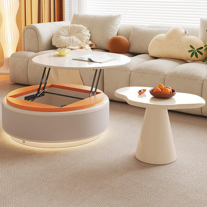 QEZEOM Round Nesting Coffee Table Set of 2, Lift Top Center Table with LED Sensor Light & Hidden Storage, Modern Cream White End Table for Living Room for Small Space, Easy Assembly - WoodArtSupply