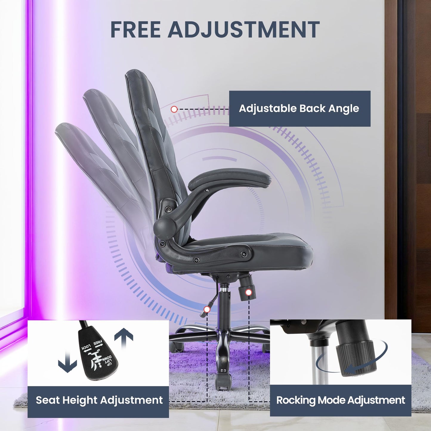 Ergonomic Gaming Desk Chair - Adjustable PU Leather Swivel Racing Chair with Flip-up Armrests for Home Office and Entertainment, Perfect for Adults, Kids, and Gamers