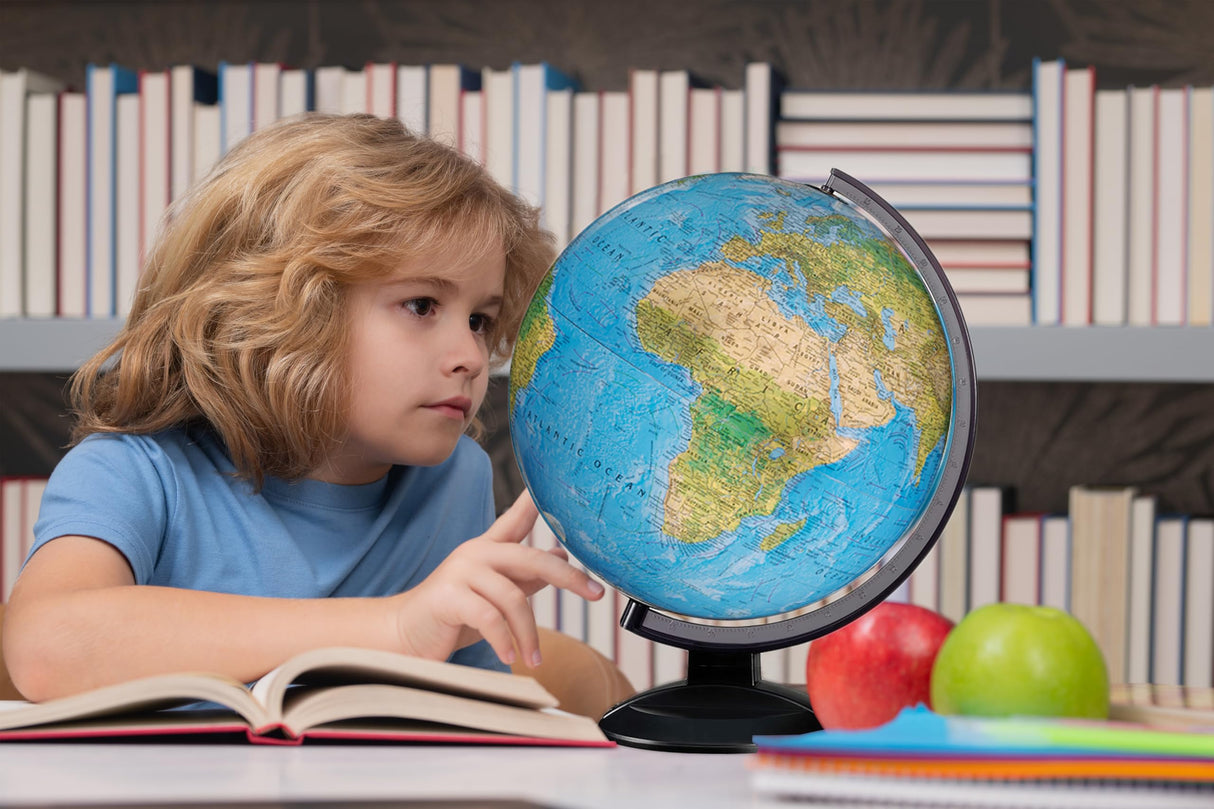Replogle Ready to Assemble World 12" Diameter Globe, USA Cartography, Modern Acrylic Globe Stand and Blue Ocean Globe Ball. Easy to assemble globe that shows both Political and Vegatative information including political borders and provincial borders, maj Replogle