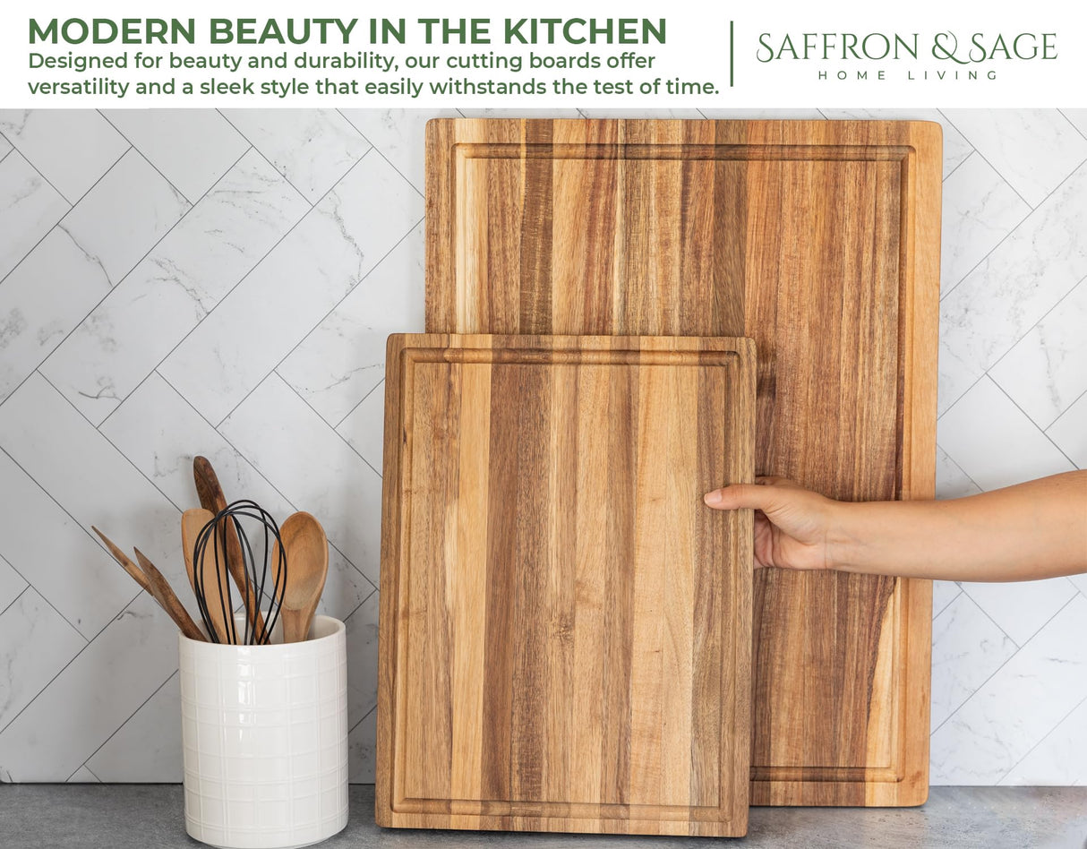 Saffron & Sage Large Wood Cutting Board - Thick 16 x 12 x 1.5 Inch Acacia Wooden Cutting Boards for Kitchen use with Deep Juice Groove, Reversible Saffron & Sage Home Living