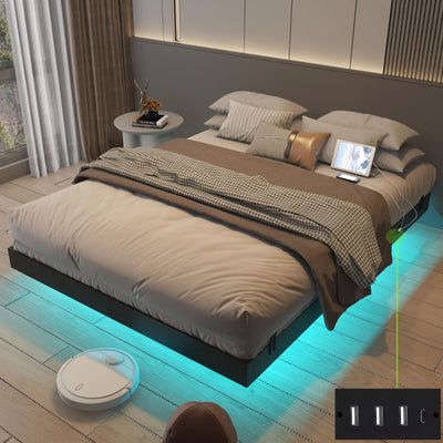 Muluflower Floating Bed Frame Queen Size with LED Lights and Charging Station, Black PU Metal Platform Bed Frame, Easy Assembly, No Box Spring Needed (Queen)