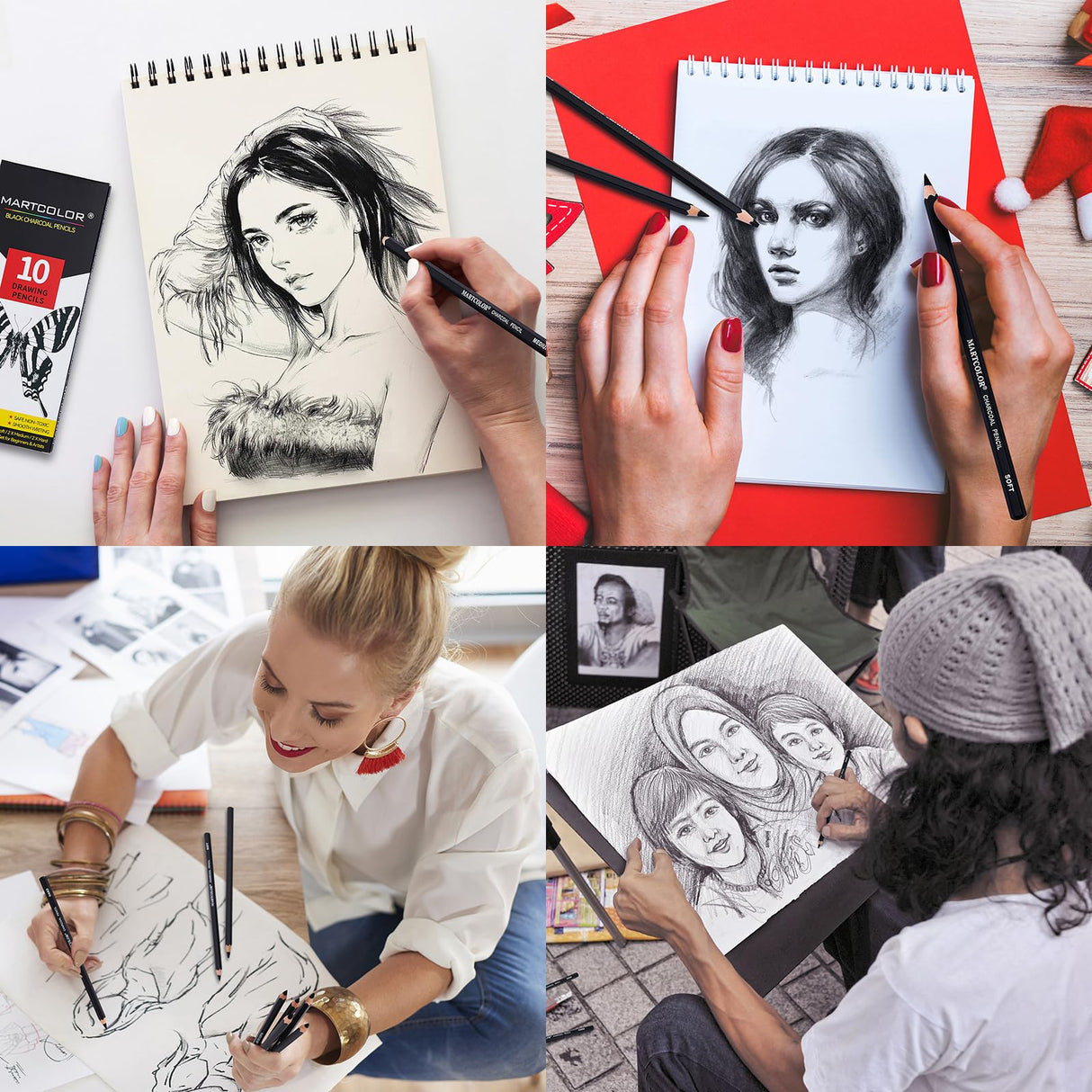 MARTCOLOR Charcoal Pencils for Drawing, 10 Pieces (S-Soft, Ex-Soft, Soft, Medium, & Hard) Black Charcoal Pencils for Sketching, Shading, Blending MARTCOLOR