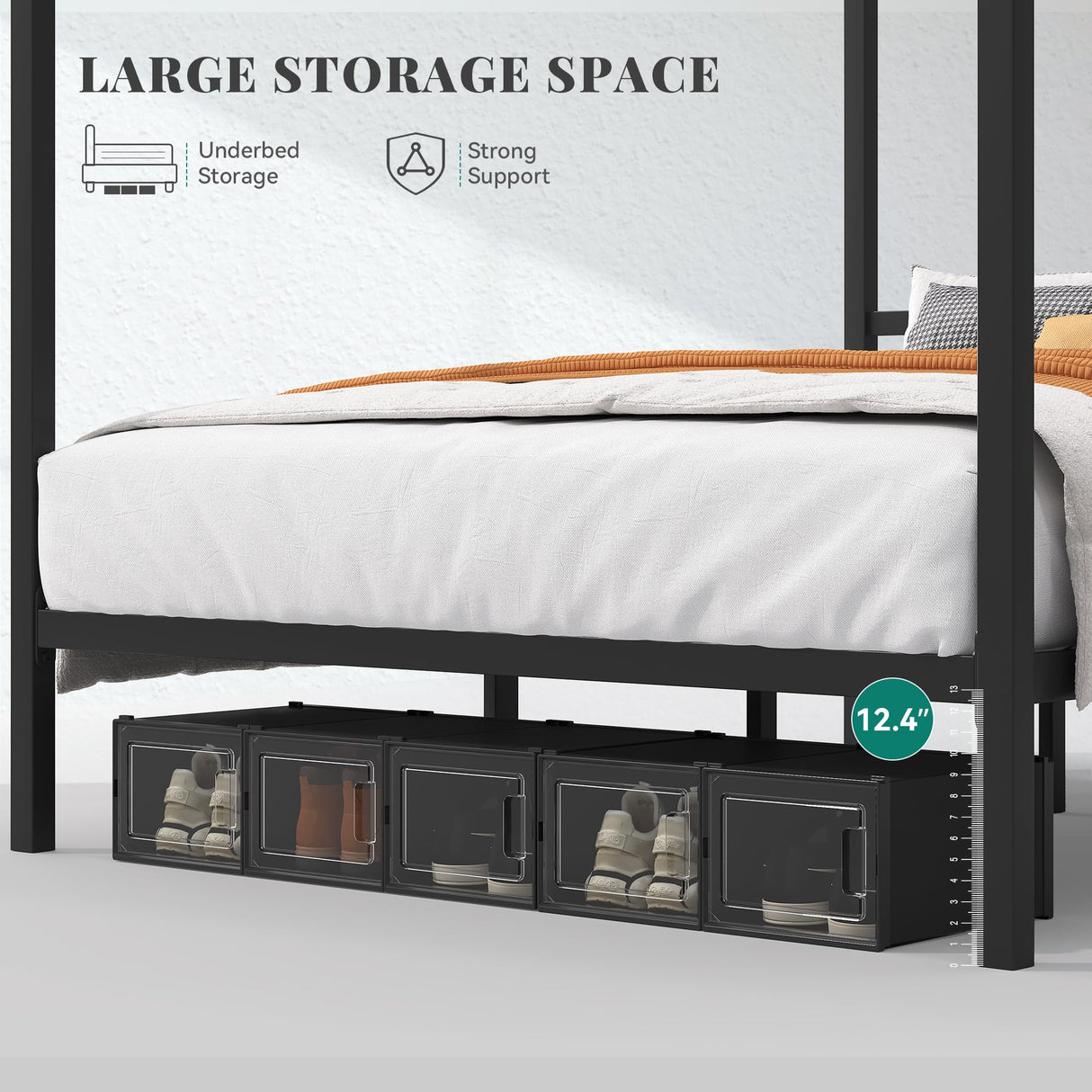 YITAHOME Canopy Bed Frame King, Four Poster Bed with Charge Station & Star-Shaped LED Light, 14 Inch Platform with Built-in Headboard Strong Metal Slat Mattress Support, No Box Spring Needed, Black YITAHOME