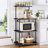 Kitchen Bakers Rack with Power Outlet - Easy & Tool-Free Assembly, Adjustable Coffee Bar Station 4 Tiers, Microwave Stand with 12 Hooks, Brown SNTD