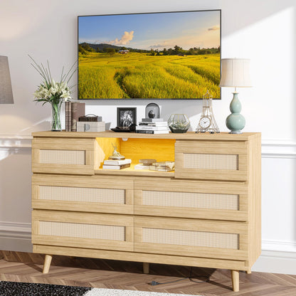 Rattan Dresser for Bedroom with Led Light and Charging Station, 6 Drawer Double Dressers, Modern Wooden Dresser Chest, Beside Table for Closet, Nursery, Living Room,Natural